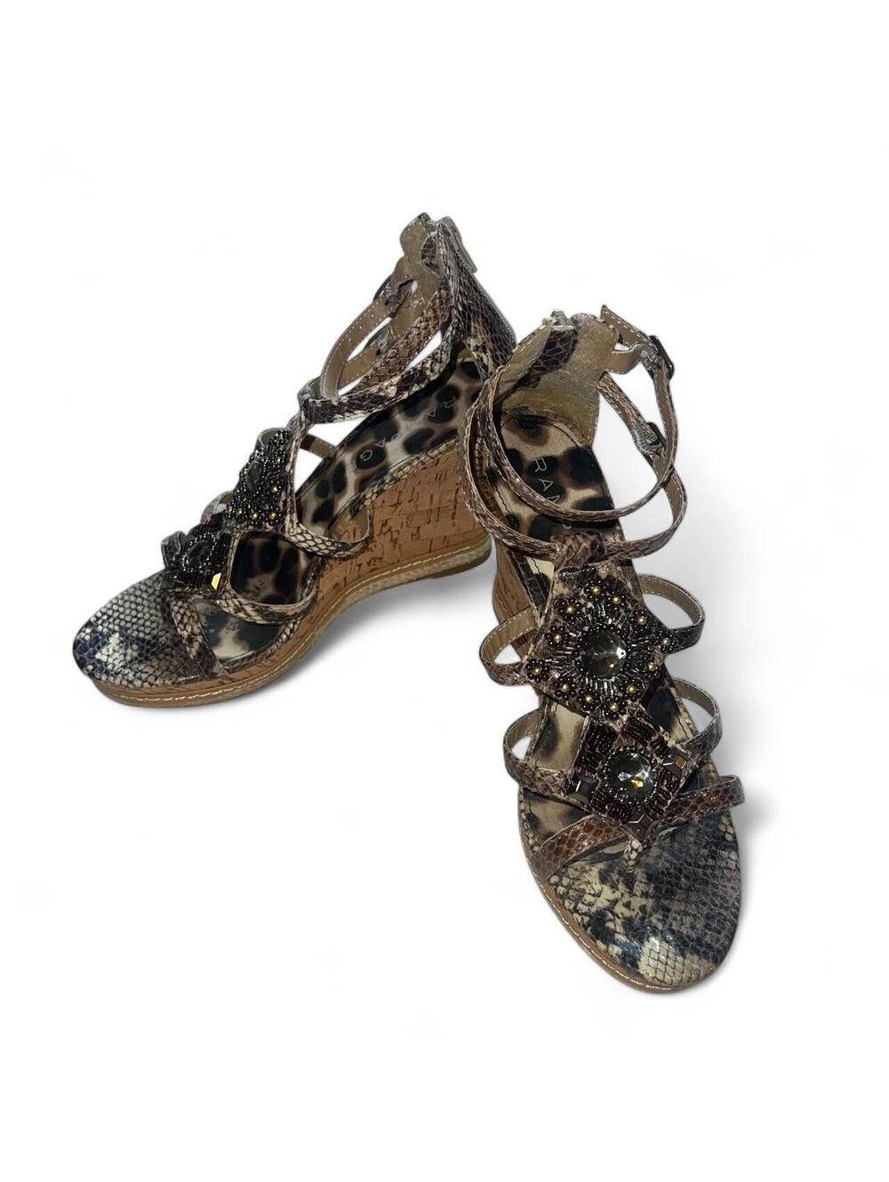 Rampage Y2K Snakeskin Jeweled Wedge Sandals Size 9 Tan Brown Cork Heel
